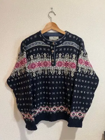 USA제 LLBean 90s 노르딕 니트 하프 버튼 티롤리안 M