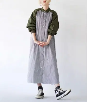 MA-1 롱 셔츠 카키 셔츠 원피스