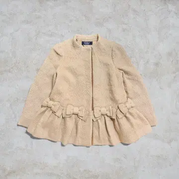 엠즈 그레이시 노카라 코트 리본 핑크 베이지 울 모헤어 40