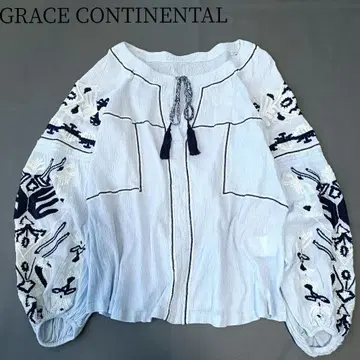 [ 그레이스 콘티넨탈 ] 자수 카프탄 블라우스 퍼프 슬리브 태슬 블루