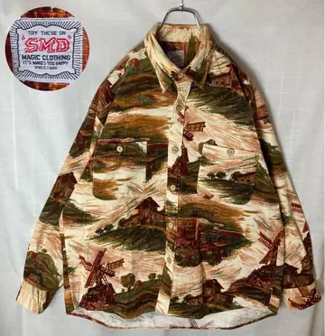 레트로 구제 의류 풍차 풍경 올 패턴 디자인 코듀로이 셔츠 루즈한 사이즈