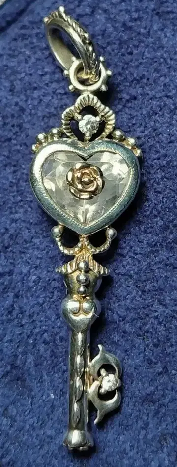 실버 925 펜던트 탑 로즈쿼츠 하트 x 열쇠 앤티크풍