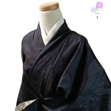 모에토 기모노 순수 실크 이중 기모노 유키쓰무기 파랑 꽃+덩굴 패턴