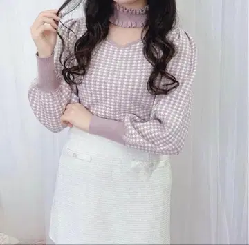 evelyn 니트 초커 하운드투스 체크 패턴 핑크 상의