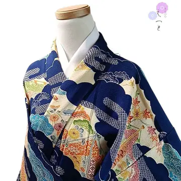 모에토 기모노 순수 실크 이중 기모노 형염 파랑
