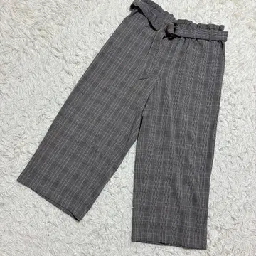 eur3 와이드 팬츠 가우초 글렌체크 루즈핏 개더 벨트 포함