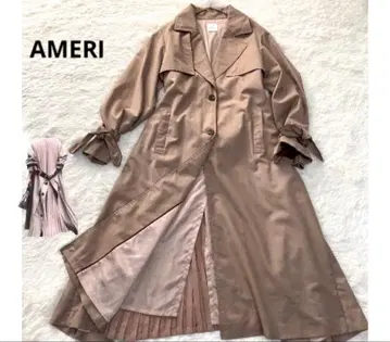 새상품급 AMERI 백 플리츠 레이어드 롱 트렌치코트 베이지 F 소가죽