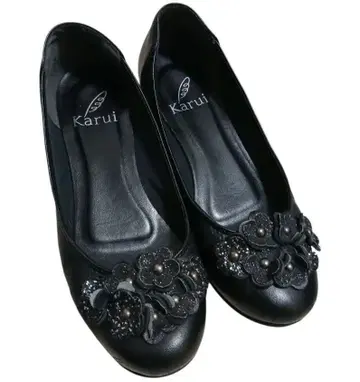 Karui 블랙 플라워 플랫 펌프스 블랙 깔끔한 천연 가죽
