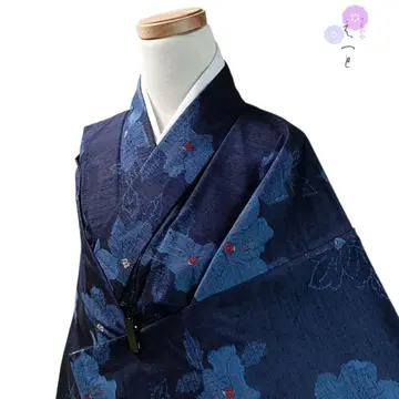 15 어쩌구 기모노 순수 실크 이중 기모노 파랑 꽃무늬 호카호카 츠무기