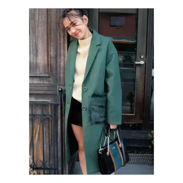 EVRIS 미사용 새상품 에바리스 그린 롱 코트 퍼 포함 포켓