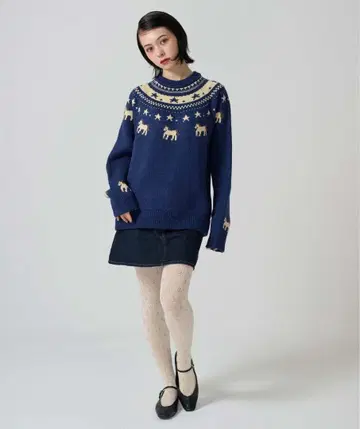 TINA:JOJUN 애니멀 노르딕 니트 풀오버 네이비