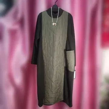 택 포함 새상품 추가 OFF 퀼팅 절개 올리브 그린 긴팔 원피스 9186