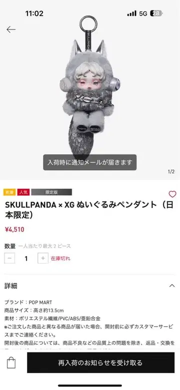 SKULLPANDA x XG 봉제 인형 펜던트