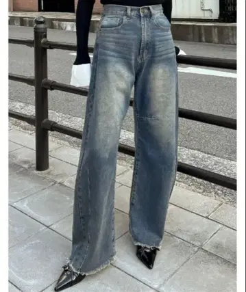 Re:EDIT 밑단 프린지 배럴 레그 데님 팬츠 블루 계열