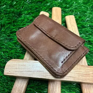 브라운 가죽 이단 접이식 미니 지갑 컴팩트