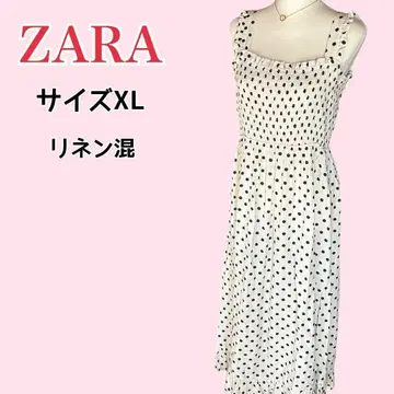 ZARA 도트 무늬 플레어 셔링 롱 원피스 XL 린넨 혼방