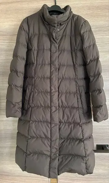 유니클로 롱 다운 코트 A라인 후드 퍼 브라운 L