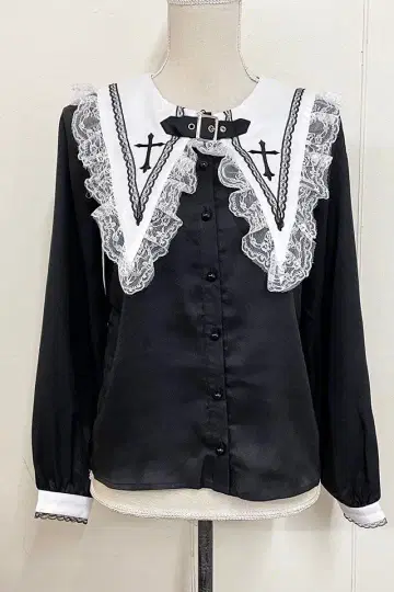 MARS 벨트 포함 크로스 자수 블라우스 화이트