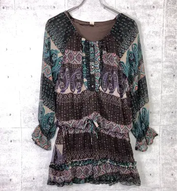 00's Y2K 보헤미안 시크 구제 의류 페이즐리 무늬 쉬폰 튜닉