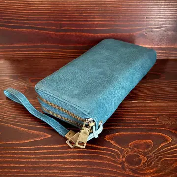 E4 이탈리아 가죽 천연 가죽 얼룩 염색 지갑 더블 지퍼 오거나이저 파랑