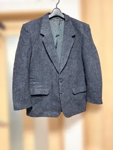 80s 해리스 트위드 자켓 캐나다제 헤링본 싸개 버튼