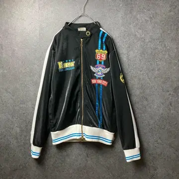 트랙 자켓 M 블랙 화이트 바이컬러 와펜 자수 구제 의류