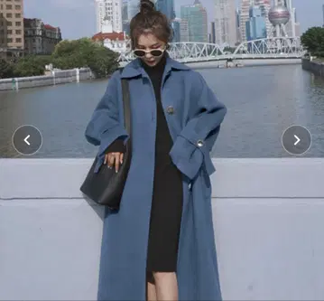 블루 롱 코트 울 소재 벨트 포함