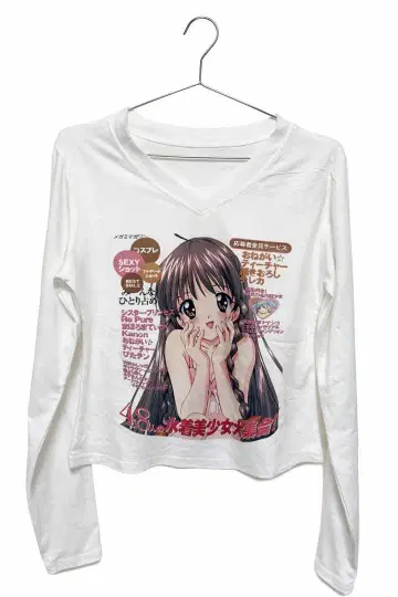 Y2K 애니메이션 프린트 긴팔 상의 / 화이트 / V넥