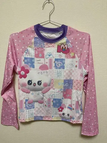 헤이세이 레트로 토끼 캐릭터 올 패턴 상의 긴팔 핑크 도트 Y2K