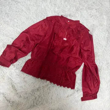 미사용 레이스 장식 와인 레드 긴팔 블라우스