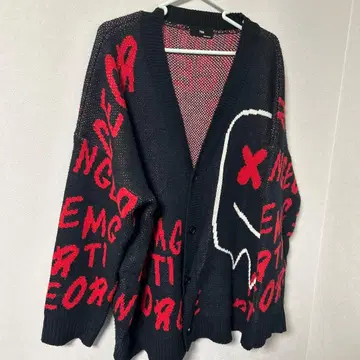 메쉬 편직 가디건 블랙 레드