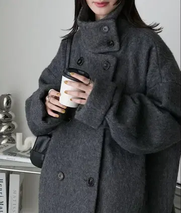 [ forksy. ] 샤기 오버 사이즈 하이넥 미들 코트