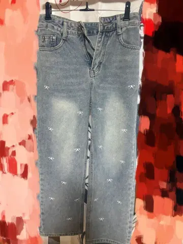 리본 자수 데님 와이드 팬츠