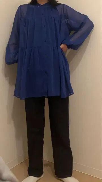 시스루 긴팔 페플럼 셔츠 블루