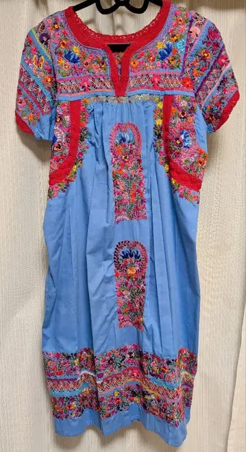 빈티지 블루 핸드 자수 오아하카 멕시칸 맥시 드레스