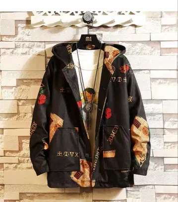 올 패턴 남성용 긴팔 루즈핏 코트 후드 부착 빅 실루엣 레트로 개성파