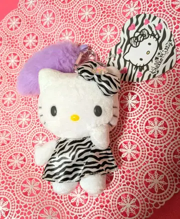 새상품 헬로키티 제브라 패턴 꼬리 달린 봉제 인형 마스코트 키링