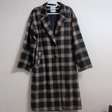 체크 무늬 노카라 롱 코트
