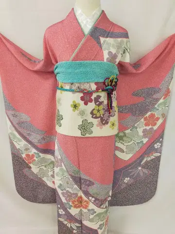 새상품급 순수 실크 타타키 염색 후리소데 3세트