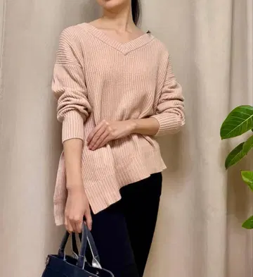 SLOBE IENA 핑크 V넥 리브 니트 긴팔