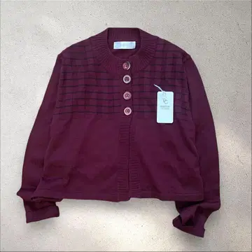 새상품 크루넥 보더 니트 가디건 와인 레드 울 체크 무늬