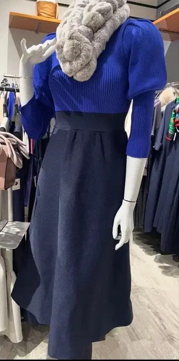 바니스뉴욕 퍼프 슬리브 리브 편직 니트 원피스 하이넥