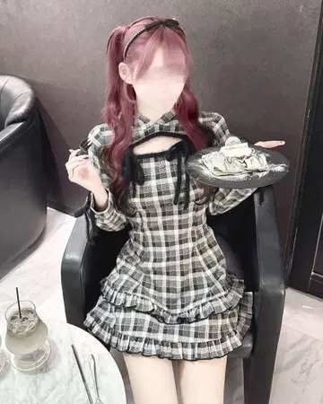 하니뮤 프릴 체크 후드티 원피스