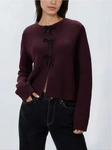 새상품 RESERVED 버건디 니트 가디건 리본 포함 폴란드