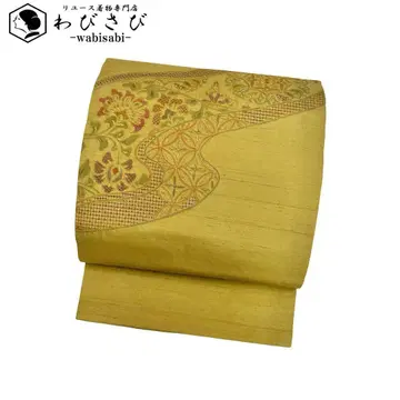 나고야 오비 선두 자수 유수에 꽃무늬 패턴 황토색 명주 O-4414