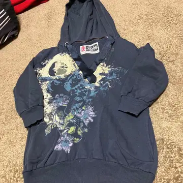 Renday 네이비 꽃무늬 V넥 후드티