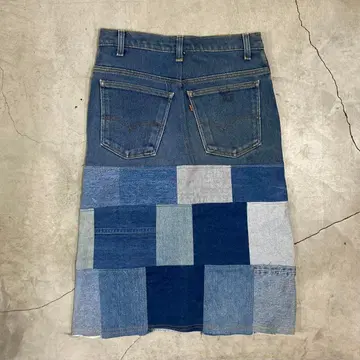 빈티지 Levi's 리메이크 패치워크 데님 스커트 금색 브라운 택