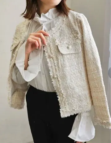 conforobe 노카라 프린지 트위드 자켓 베이지 아이보리