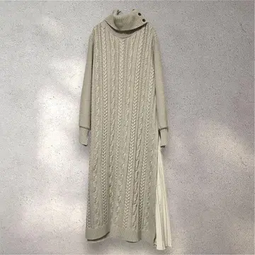 vis F 케이블 니트 롱 원피스 도킹 플리츠