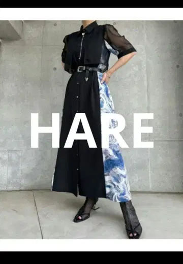 HARE 시어 절개 롱 원피스 그린 x 블랙 프리 사이즈